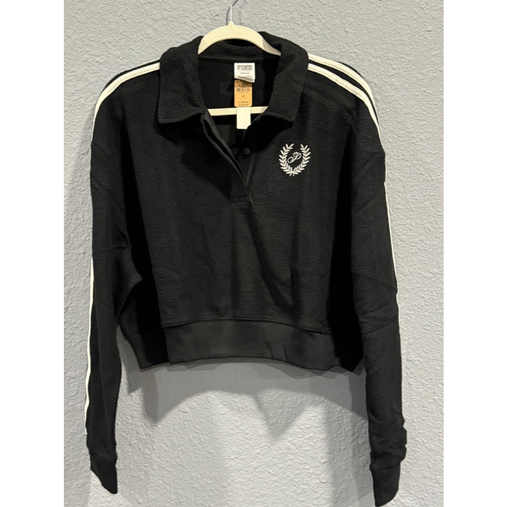 NEW PINK Black Cropped Polo Sweatshirt Size L - Picture 4 of 7